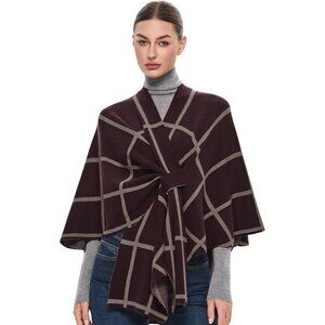 Women's Burgundy Oatmeal Elegant Poncho Sweater Spring Fall Winter Shawl Wraps